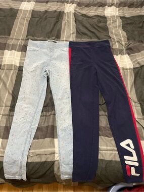George Navy Leggings with Red Side Stripe & Light Blue Printed Leggings - Girls